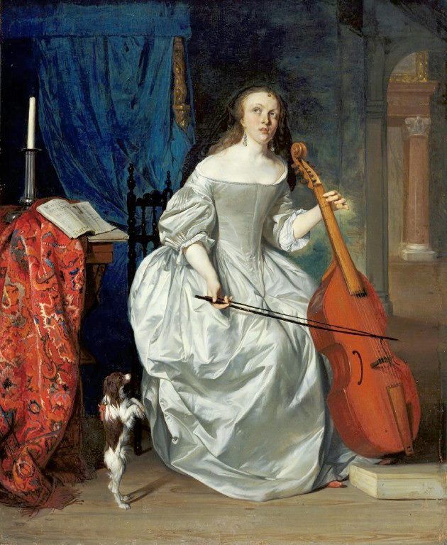 Gabriel Metsu (Dutch, Baroque, Dutch Golden Age, 1629-1667): Woman Playing a Viola de Gamba, 1663. Oil on panel, 17-5/16 x 14-3/16 inches (44 x 36 cm). de Young Museum, San Francisco, California, USA. Metsu is one of the most important Dutch genre painters of the mid-17th century. Gabriel Metsu, 17th Century Portraits, 17th Century Fashion, American Duchess, Dutch Golden Age, Hieronymus Bosch, Johannes Vermeer, Musical Art, A4 Poster