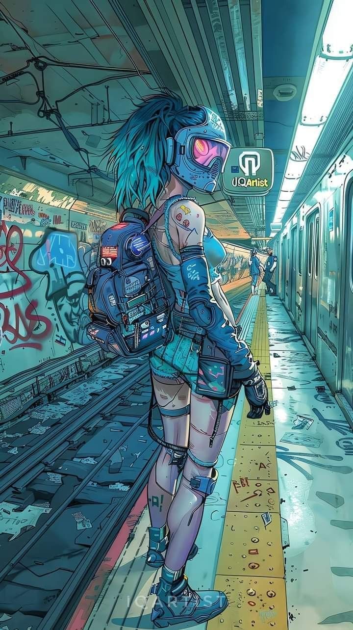 a woman with blue hair and goggles stands on a train platform in front of a graffiti covered subway