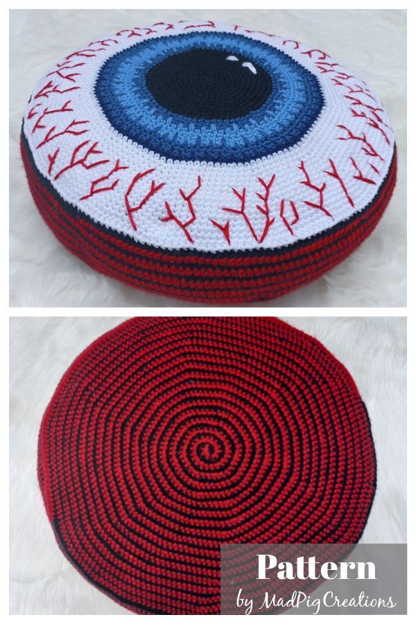 two pictures of a red and white knitted round cushion with an eye on it