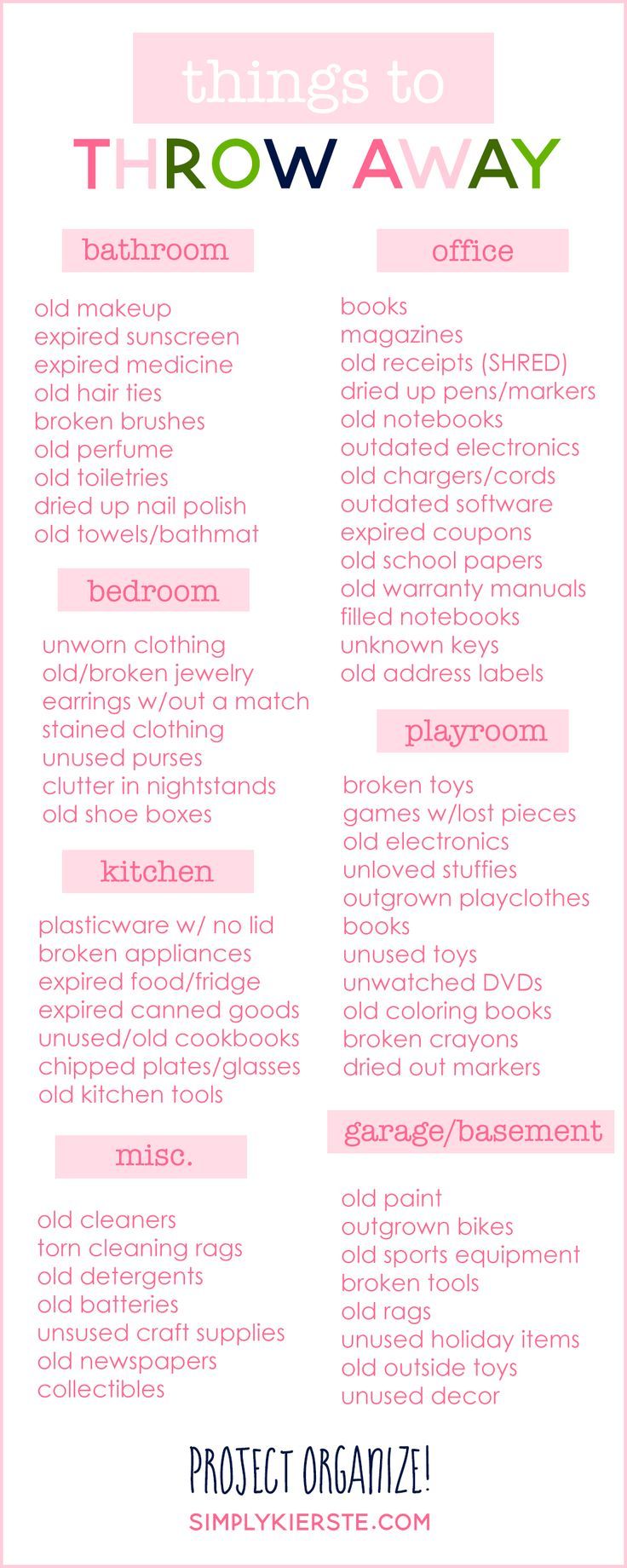 A great room-by-room list of things to throw away to help your home feel clean and uncluttered! It will make all the difference! Easy Home Organization, Organizing Hacks, Organisation Hacks, Organize Declutter, Moving Tips, Book Book, Home Organization Hacks, Cleaning Checklist, Cleaning Schedule