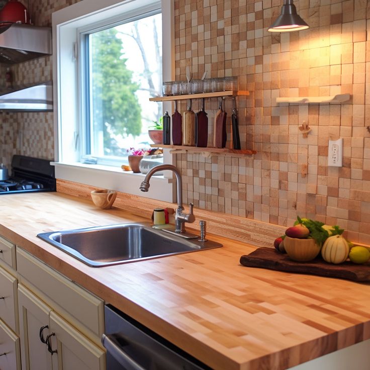 the kitchen counter is clean and ready for us to use in the day time,