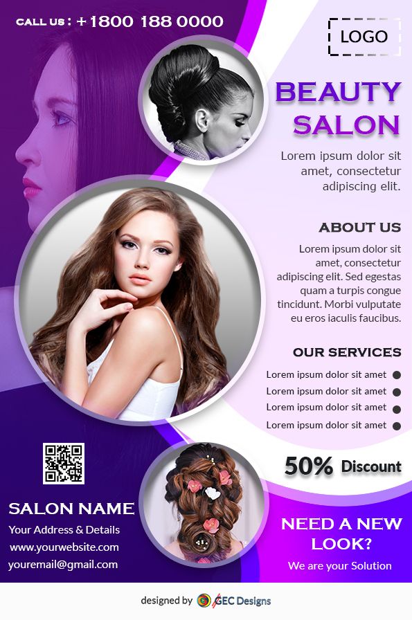 a hair salon flyer with two women's heads in the center and purple background