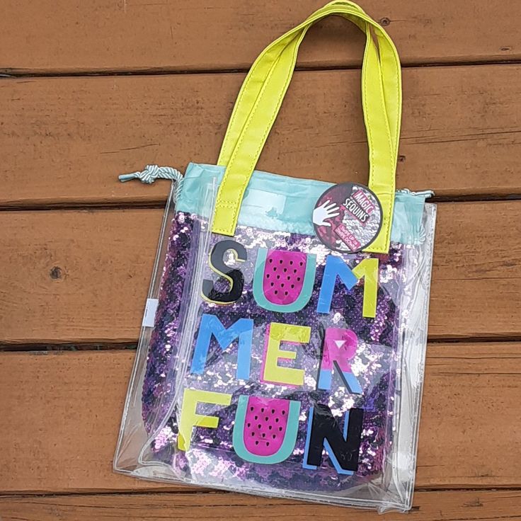 New! This 2-In-1 Bag Is So Super Cute! Clear Bag On The Outside And Removable Drawstring Pouch On The Inside. "Summer Fun" Features Colorful Letters/Watermelon And A Purple Magic Sequins Bag Inside. Perfect For Your Little One Or Even You! Summer School Bags Made Of Plastic, Summer School Plastic Bags, Plastic School Bags For Summer, Summer School Pouch Bag, Blue Plastic Bag For Summer, Blue Plastic Summer Bag, Blue Plastic Summer Bags, Blue Plastic Bags For Summer, Cute Yellow Shoulder Bag For Summer