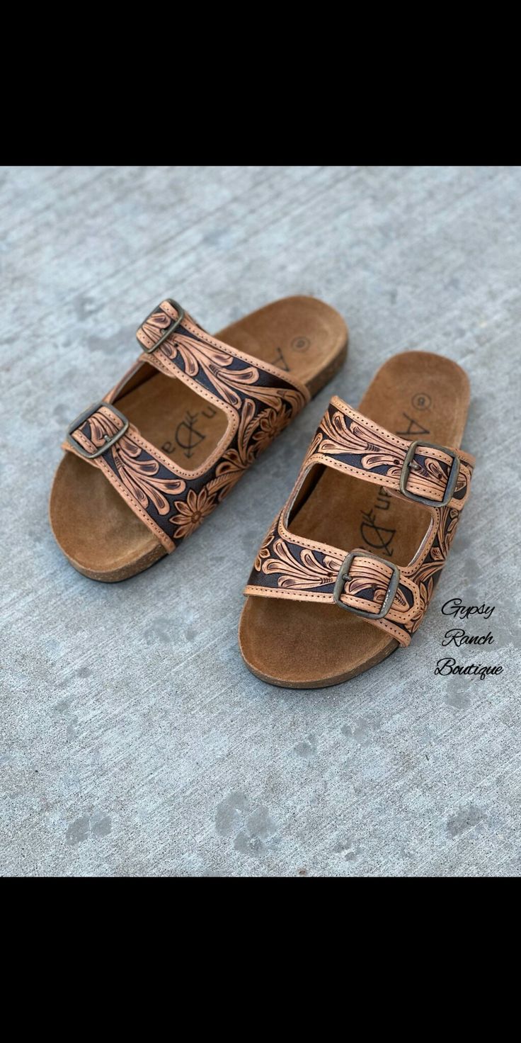 Tooled Leather Birkenstocks, Western Birkenstock, Tooled Leather Sandals, Leather Birkenstocks, Wishlist 2024, Makeup Stain, Birthday Wishlist, Tooled Leather, Leather Tooling