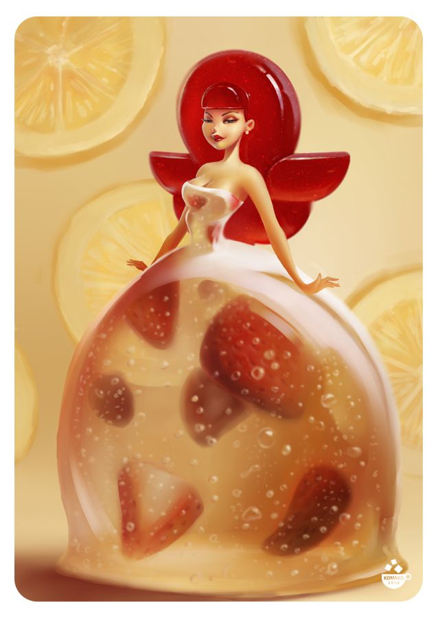 a digital painting of a woman in a dress sitting on top of a lemon slice