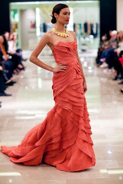 The Coral dress - can i get married again in this? on a beach? #love Coral Evening Gown, Coral Inspired Fashion, Coral Inspired Dress, Luxury Peach Ruffled Dress, Coral Color Dress, Peach Dress With Intricate Embroidery For High Fashion, Orange Wedding Dress, Coral Reef Bridesmaid Dresses, Coral Red Dress