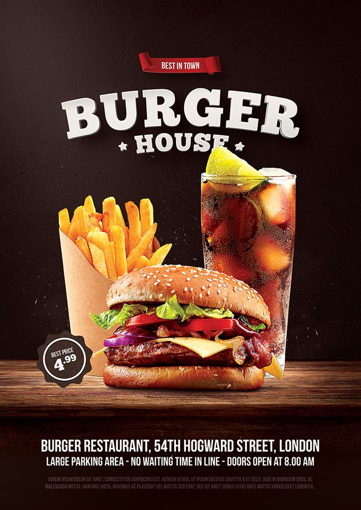 burger house ad with fries and drink on wooden table in front of black wall background