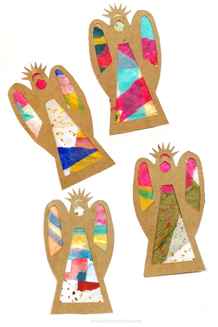 four pieces of paper cut out to look like mitts with different colors and shapes