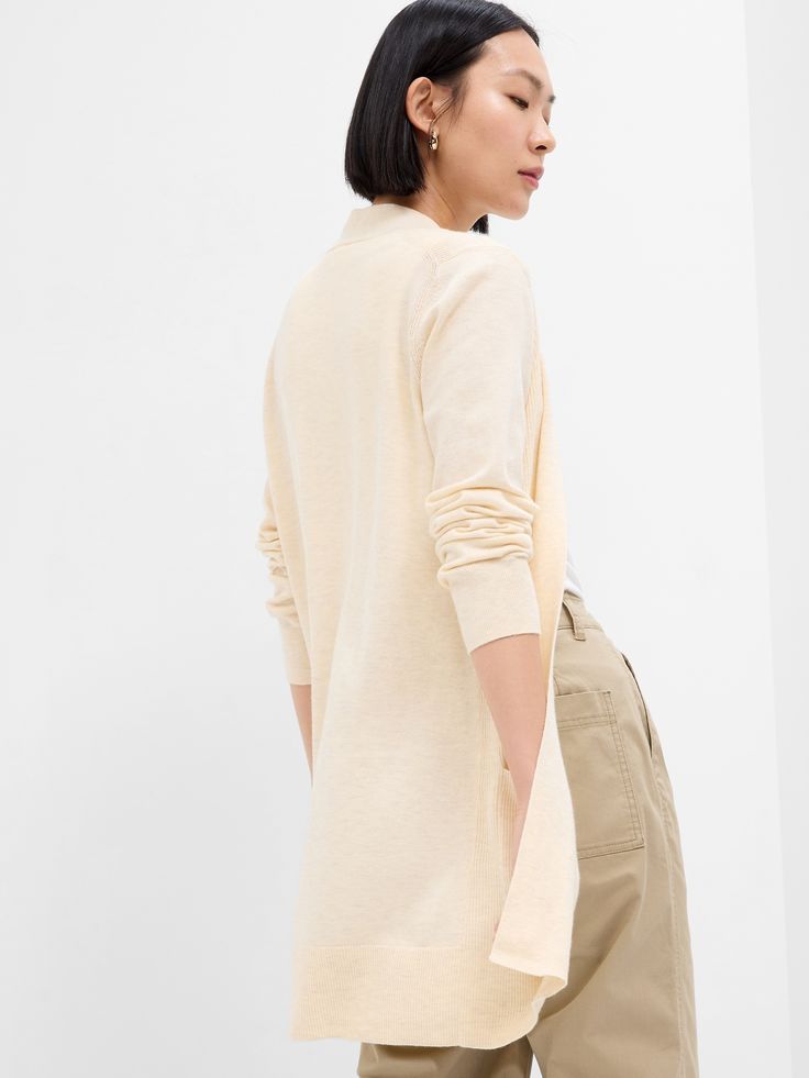 Long Open-Front Cardigan | Gap Factory Versatile Spring Sweater With Ribbed Cuffs, Versatile Ribbed Cuffs Sweater For Fall, Versatile Sweater With Ribbed Cuffs For Fall, Versatile Ribbed Cuff Sweater For Fall, Fall Crew Neck Cardigan With Pockets, Casual Fall Cardigan With Ribbed Collar, Casual Beige Turtleneck Cardigan, Casual Turtleneck Cardigan With Ribbed Collar, Winter Cream Cardigan With Ribbed Collar