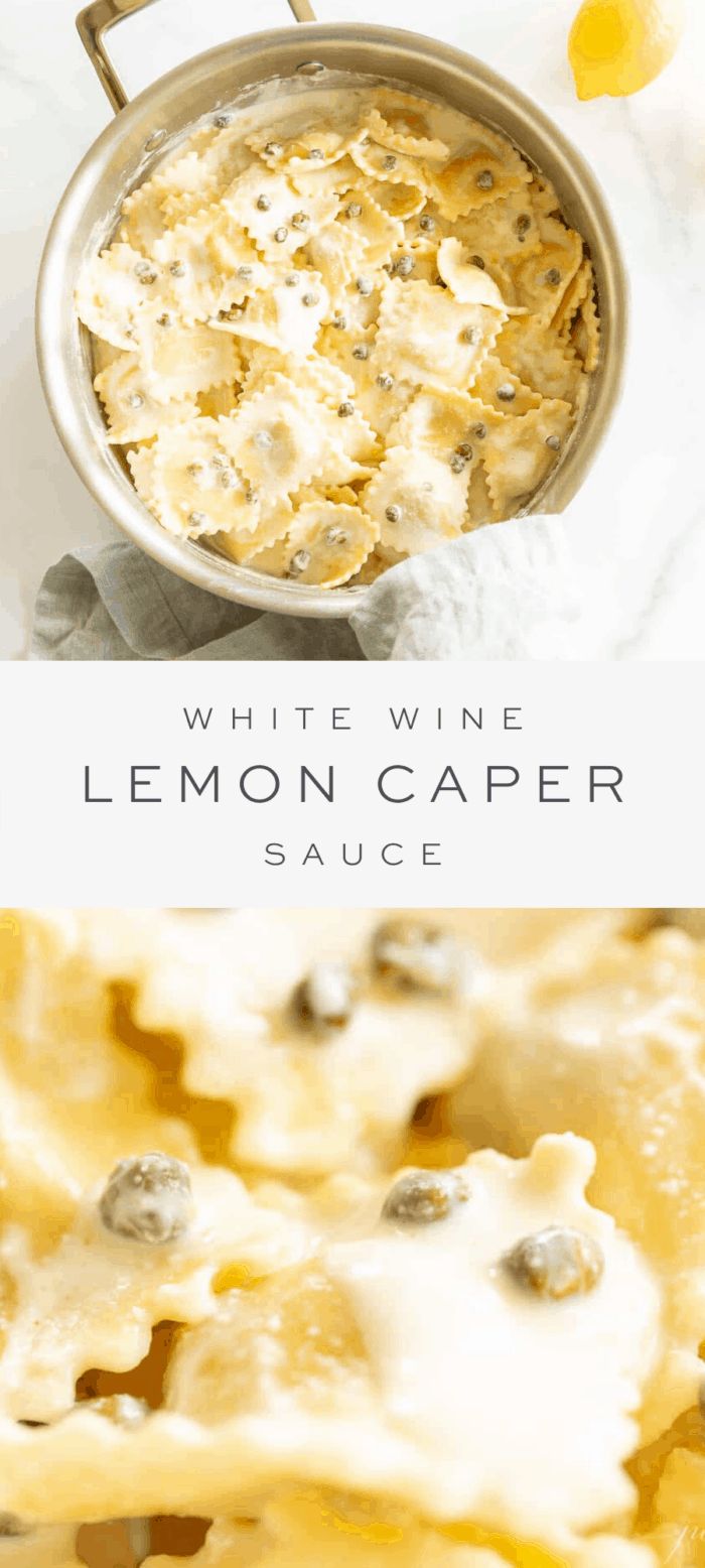 lemon caper sauce in a pan with the words white wine and lemon caper sauce