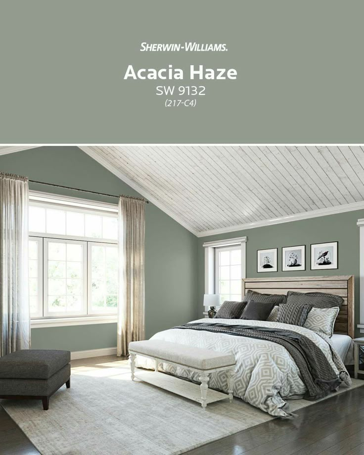 a bedroom with gray walls and white trim on the ceiling is featured in this article