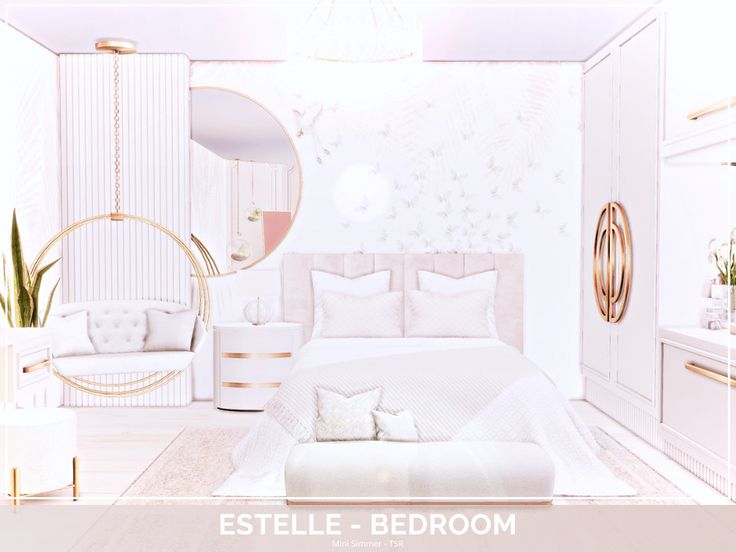 the interior of a bedroom with white furniture and gold accents, including a round mirror