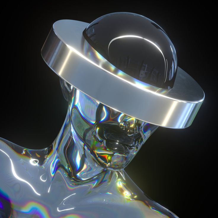 a shiny silver mannequin with a hat on its head and holographics