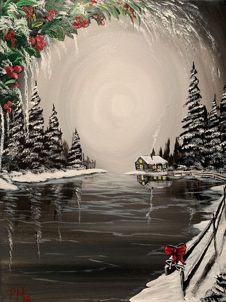 a painting of snow covered trees and a boat in the water with a red bow on it