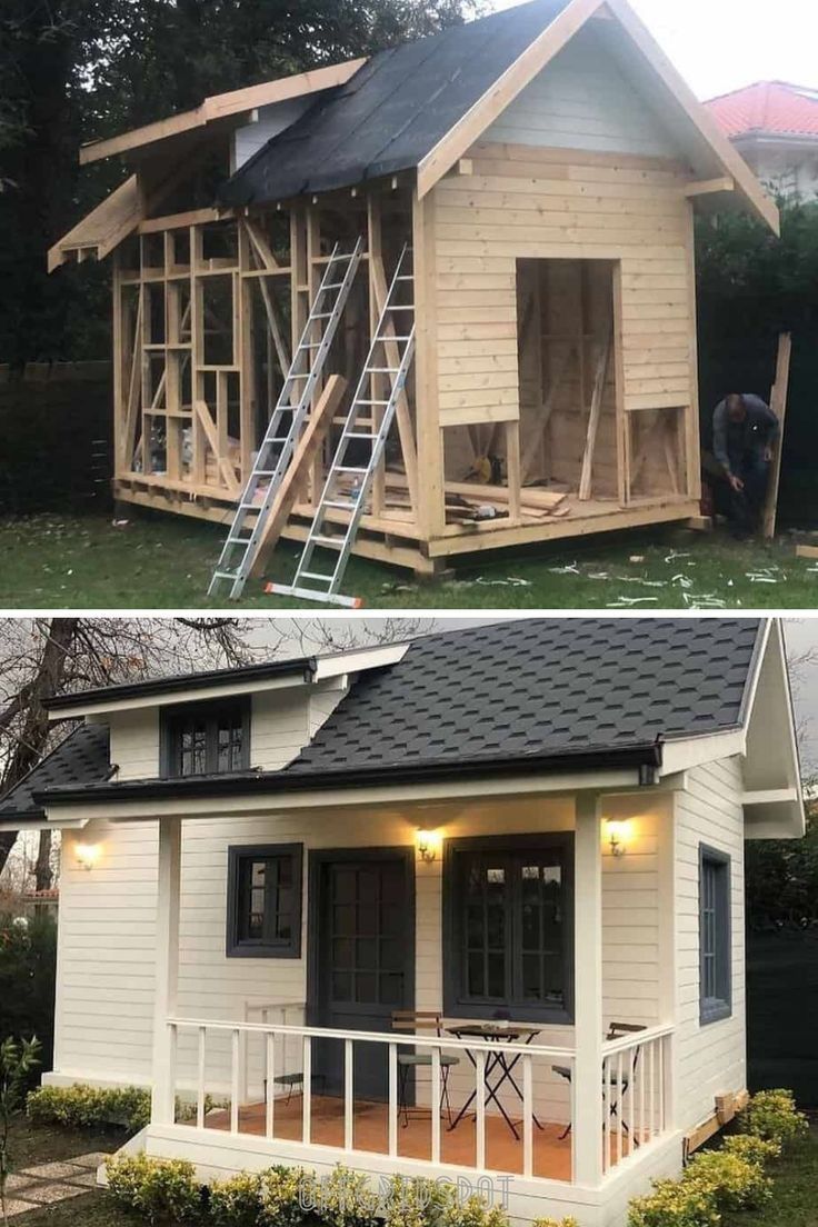 two pictures side by side of a small house with the roof being built and the second is