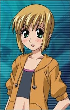 an anime character with blonde hair and green eyes wearing a brown jacket, black shirt and blue jeans