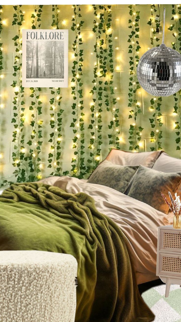 a bedroom decorated with green leaves and lights