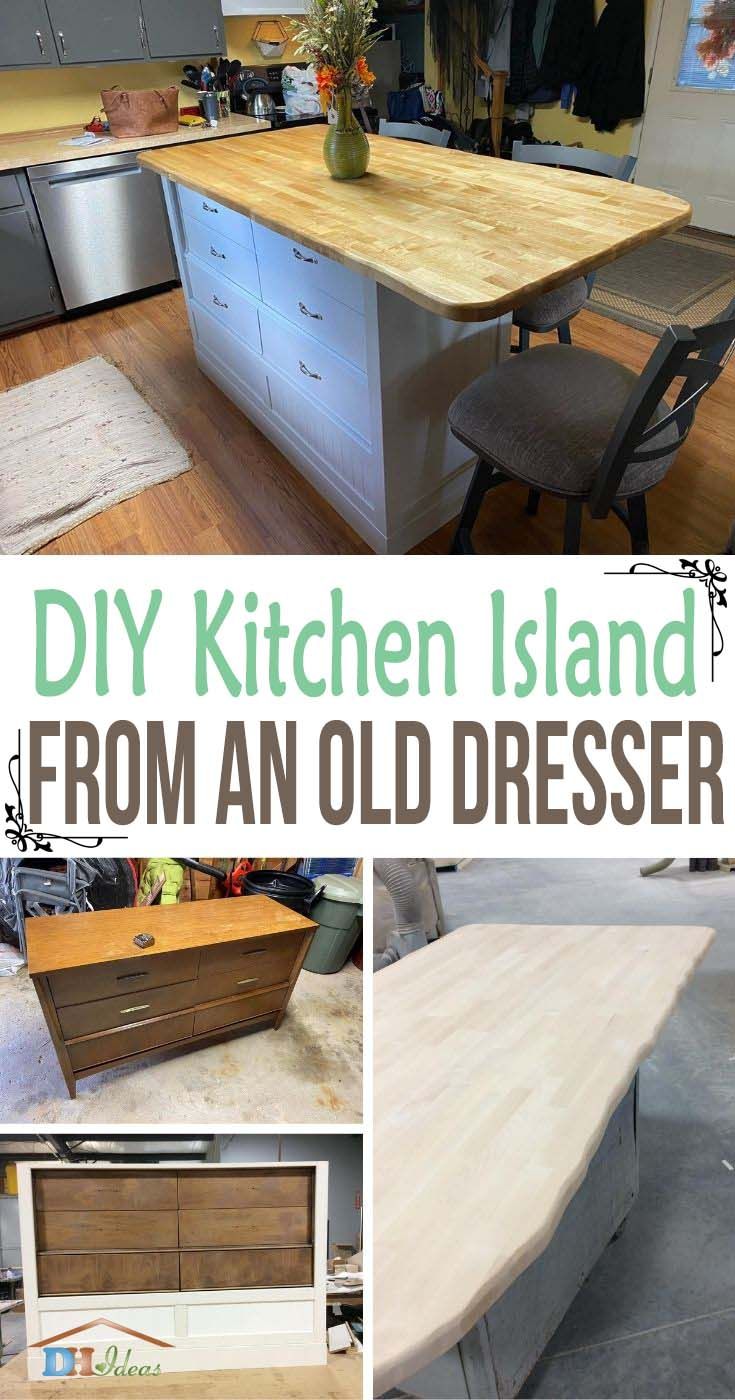 a kitchen island made from an old dresser is shown with the words, diy kitchen island from an old dresser