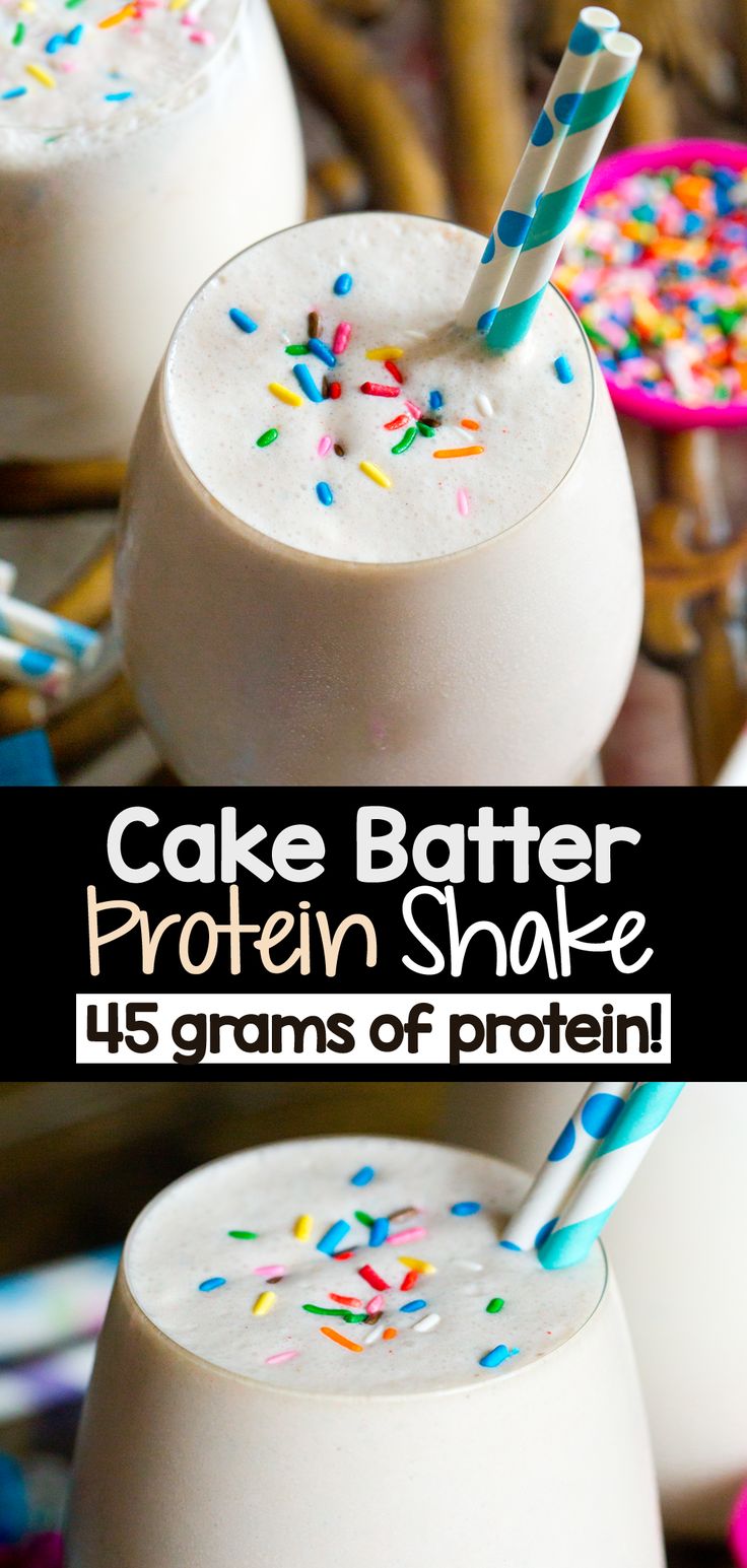 cake batter protein shake with colorful sprinkles on the rim and in glasses