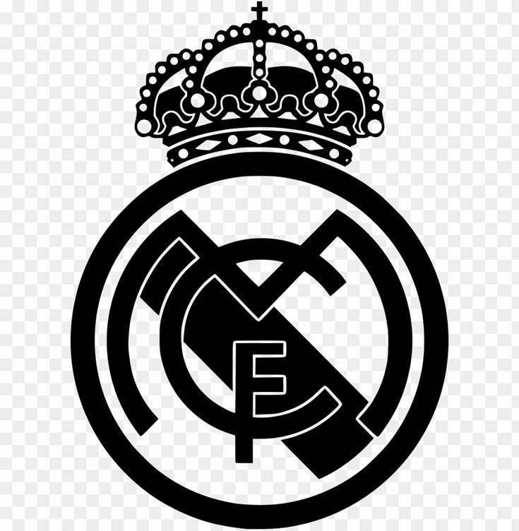 the real madrid logo is shown in black and white, with a crown on top