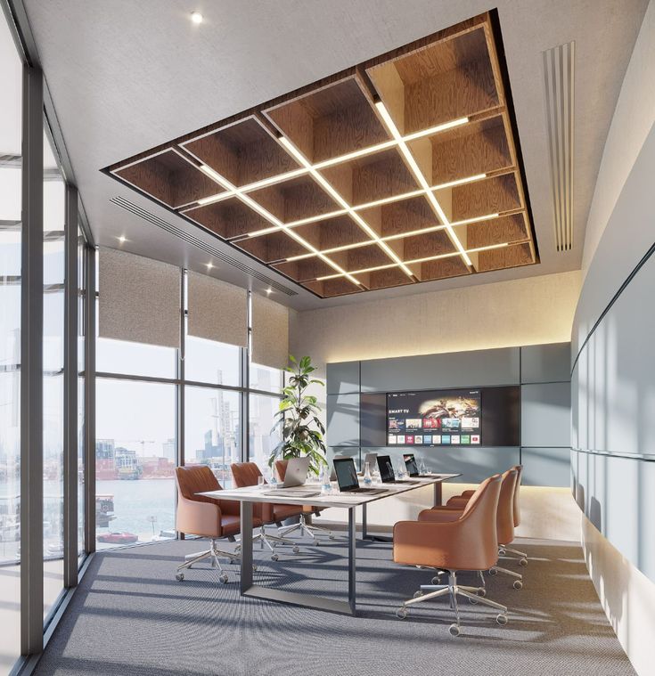 an empty conference room with chairs and tables