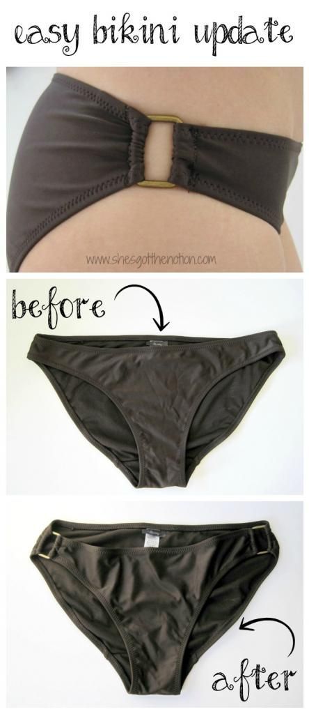 Easy Bikini Refashion: sew metal rings to bikini bottoms to update the look and fit. Great fix for bikinis that are too big | She's Got the ... Diy Bathing Suit, Diy Swimwear, Custom Bathing Suits, Recycle Fashion, Sewing Swimwear, Diy Swimsuit, Creative Clothes, Swimming Suits, Diy Clothes Design