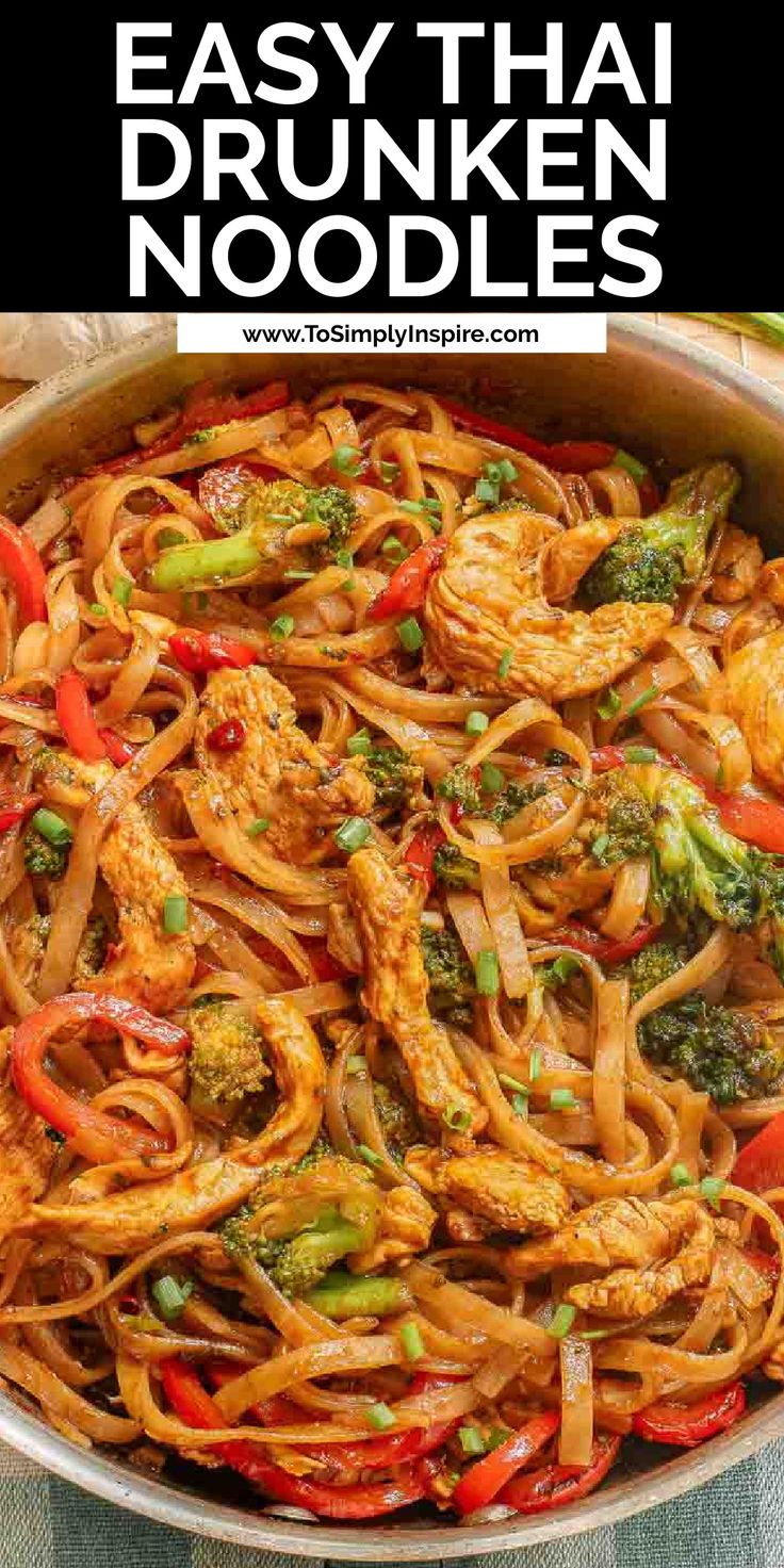 A skillet full of a thai drunken noodles recipe with rice noodles, chicken and red bell peppers and broccoli. Asian Rice Noodle Recipes Stir Fry, Chicken Broccoli Stir Fry Noodles, Spicy Noodles And Chicken, Thai Chicken Noodles Stir Fry, Rice Noodles Dishes, Chicken Broccoli Thai Noodles, Brown Rice Noodles Stir Fry, Spicy Thai Noodles With Chicken, Thai Noodle Stir Fry