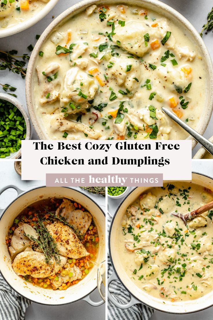 the best copy gluten free chicken and dumplings recipe is in this collage