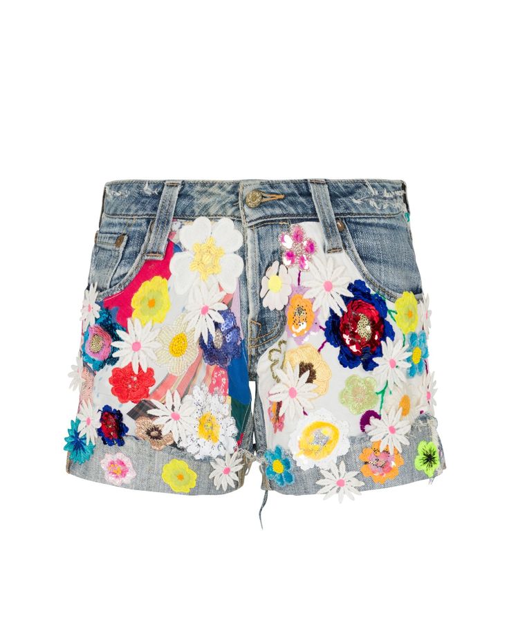 Designed for the ultimate fabulous queen, these hand-embellished shorts are the ultimate statement piece for your wardrobe! Featuring a mix of stunning patches sewn onto these shorts, they are the definition of fabulous. These shorts are a one-of-a-kind wearable art piece created by Meghan herself. Meghan incorporated her favorite motifs in this pair of shorts including her iconic butterfly - which can be seen fluttering throughout the back. With sequin patches, these shorts are sure to turn hea Trendy Sequined Shorts For Summer, Trendy Sequined Shorts For Spring, High-waisted Sequin Shorts For Summer, Sequin High-waisted Shorts For Summer, Summer Patchwork Jean Shorts, Summer Patchwork Shorts, Trendy Patchwork Shorts For Spring, Patchwork Jean Shorts For Summer, Embellished Jean Shorts For Summer