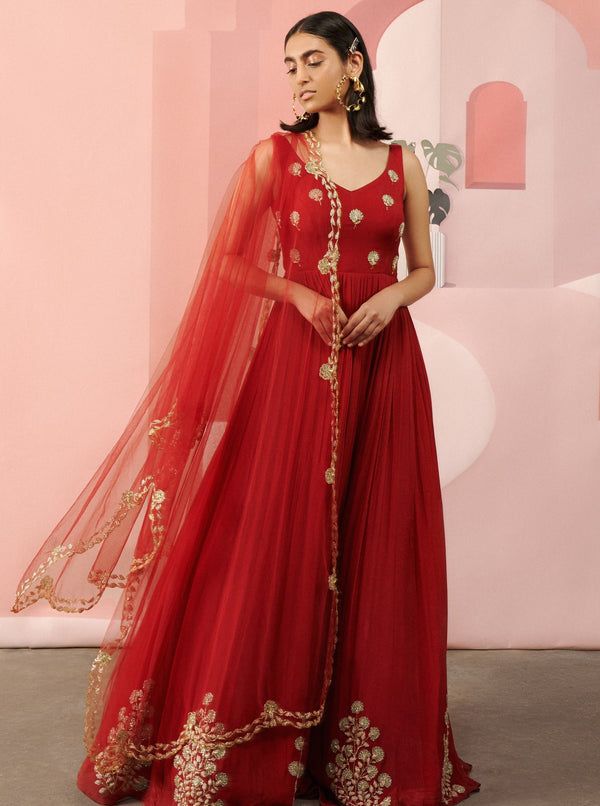 Ease | Red Embroidered Anarkali Set | INDIASPOPUP.COM Luxury Red Anarkali Kaftan, Cheap Red Traditional Wear With Cutdana, Luxury Embellished Red Anarkali Set, Luxury Red Bollywood Anarkali Set, Luxury Red Dresses For Diwali, Half Saree Lehenga, Long Gown Design, Ethereal Dress, Embroidered Anarkali