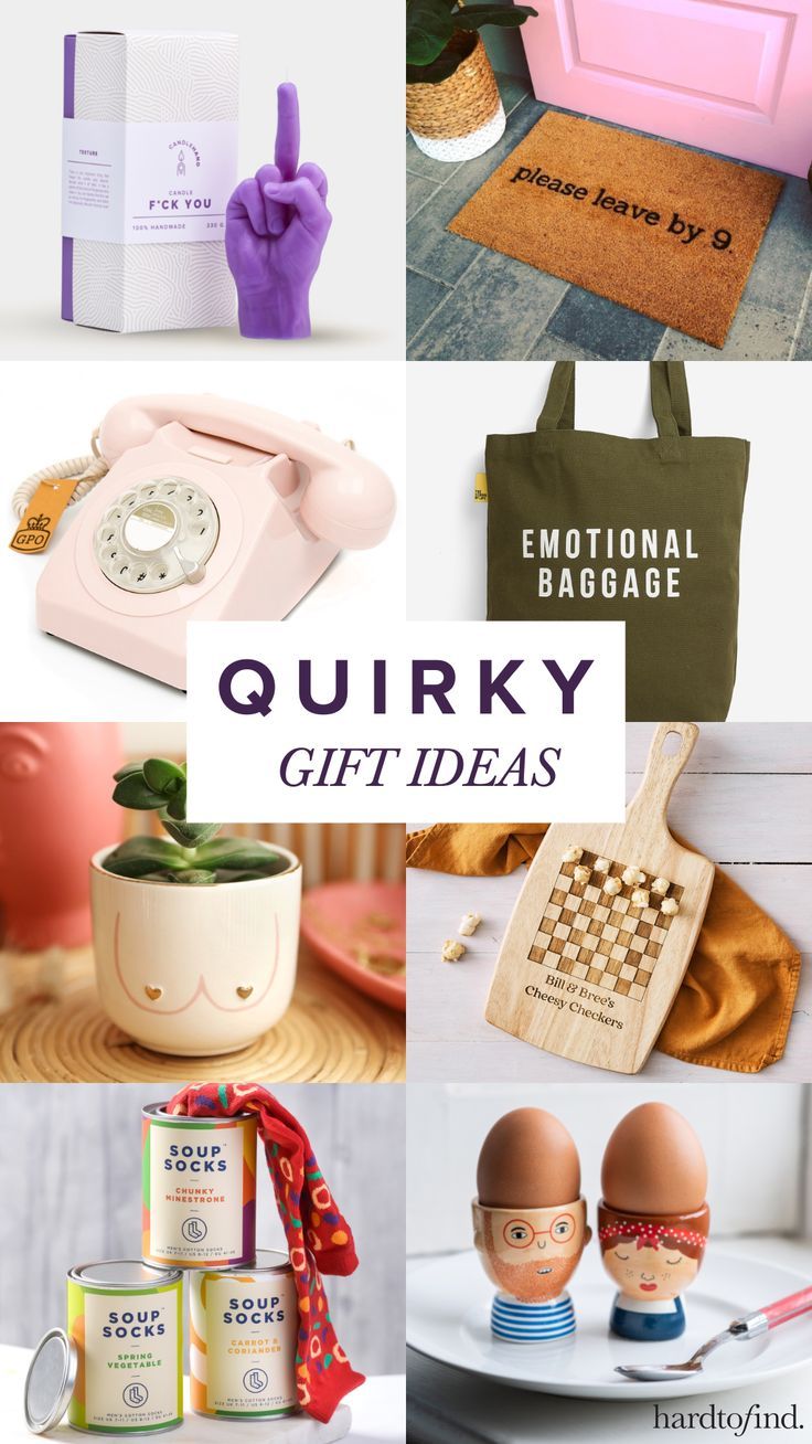 the words quirky gift ideas are displayed above pictures of various items, including an egg and