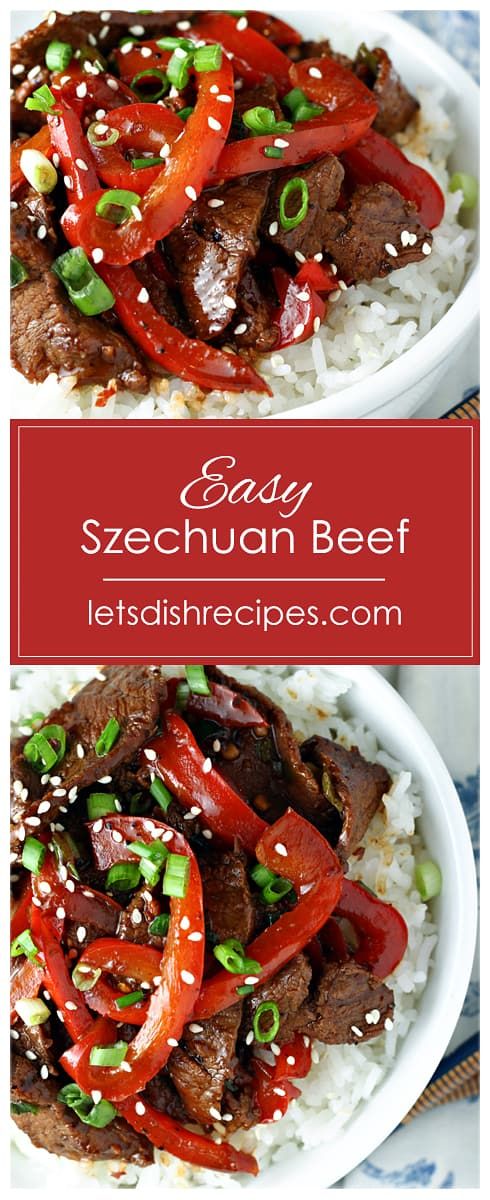 beef and peppers on top of rice in a white bowl with the words easy sezechuan beef