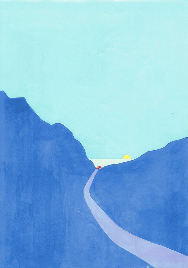 a painting of a road going through the mountains with a person walking on one side