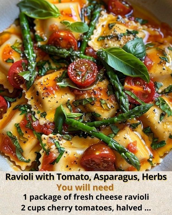 ravioli with tomato, asparagus, herbs you will need 1 package of fresh cheese ravioli 2 cups cherry tomatoes, halved