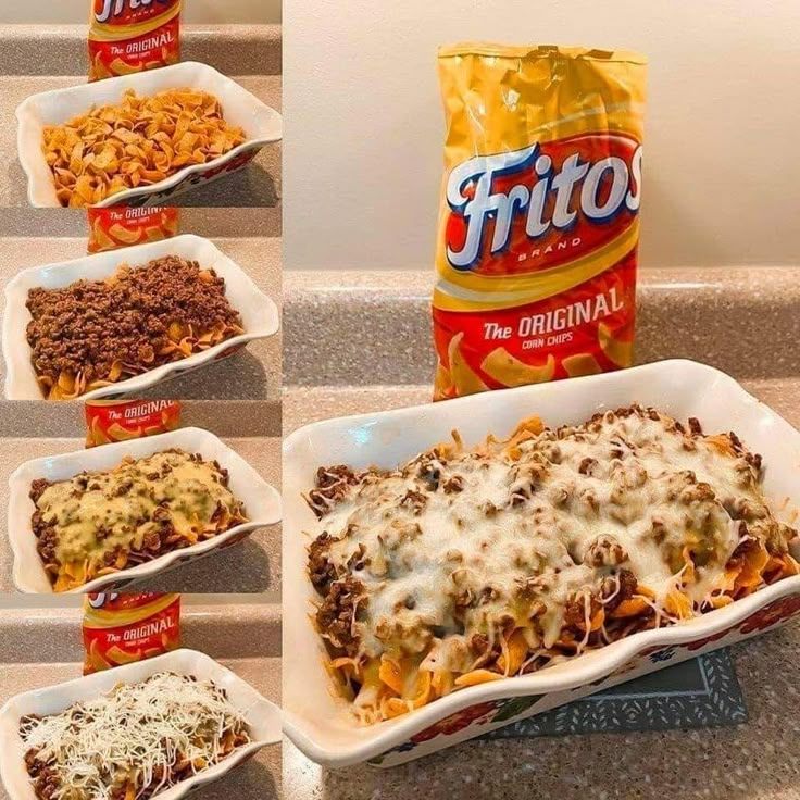 four pictures show the steps to make lasagna casserole with ground beef and cheese