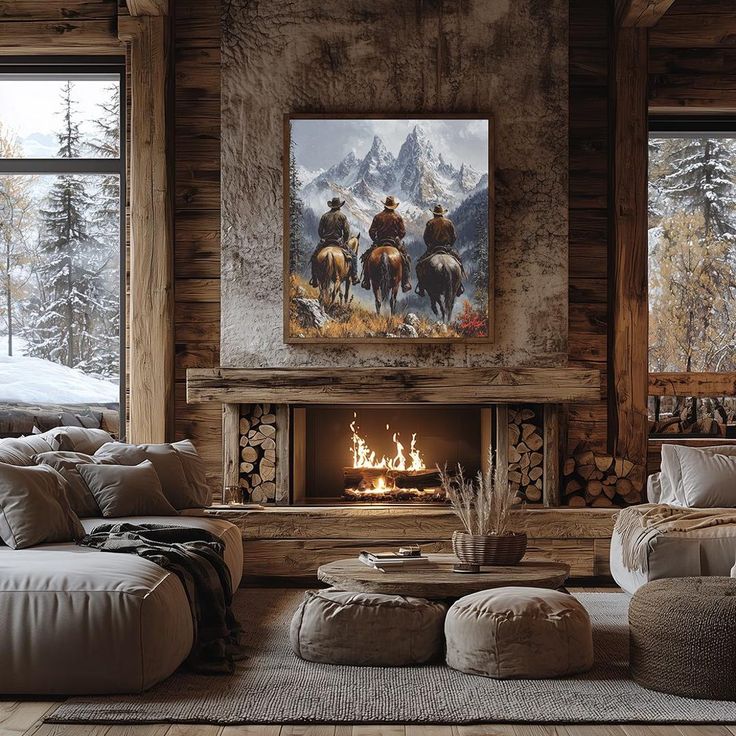 a living room filled with furniture and a fire place in front of a painting on the wall