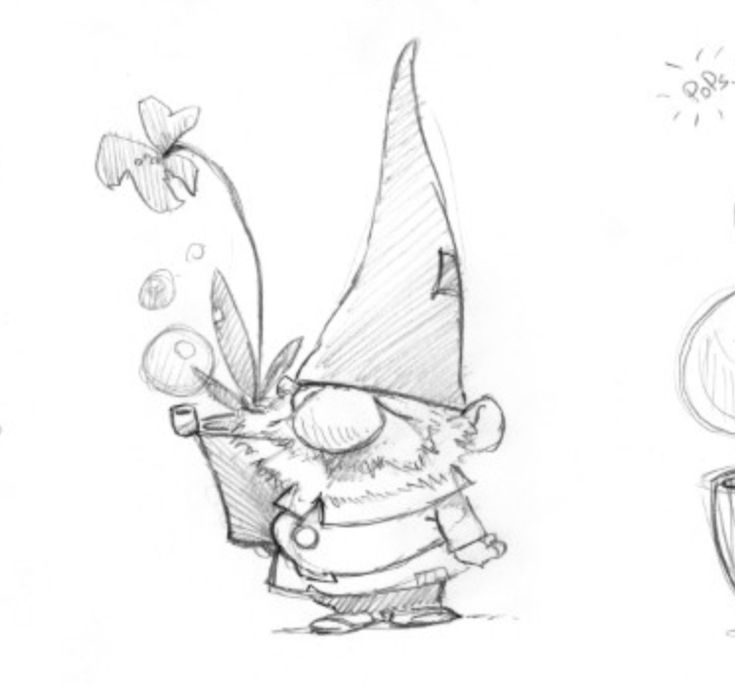 three cartoon drawings of gnomes one is holding a bucket and the other has a butterfly