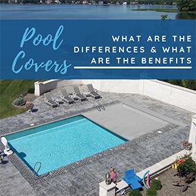 an aerial view of a swimming pool with the text pool covers what are the differences and what are the benefits?