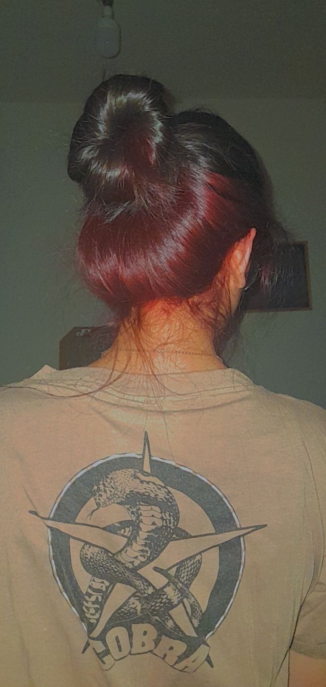 Red hair bun half dyed Half Dark Half Light Hair Under, Half Black Half Cherry Red Hair, Brown Hair And Red Underneath, Black Hair Dyed Red Underneath, Red Hair Underneath Curly, Dark Brown With Burgundy Underneath, Red Under Color Hair, Dark Hair Red Peekaboo, Half Dark Brown Half Red Hair