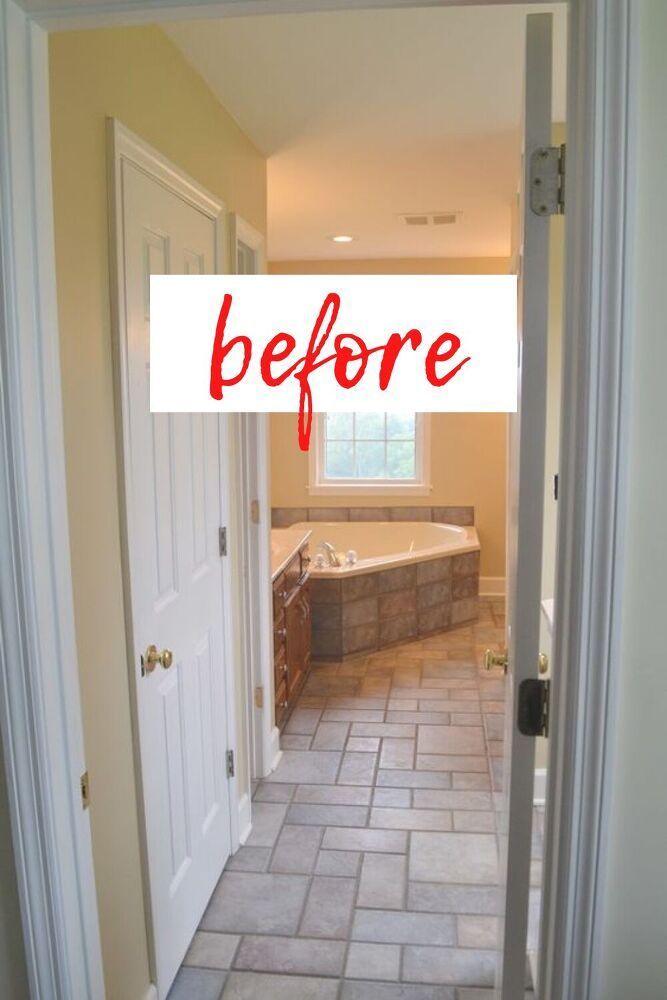 an open door leading to a bathroom with the words before written on it in red