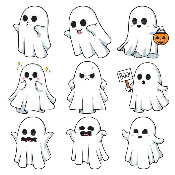 a set of cartoon ghost faces with different expressions