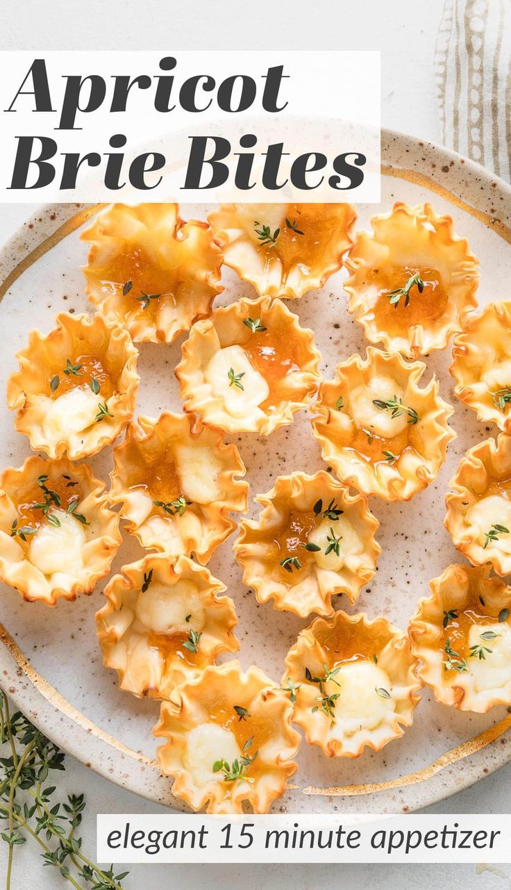 appetizers on a plate with text overlay that reads apricot brie bites