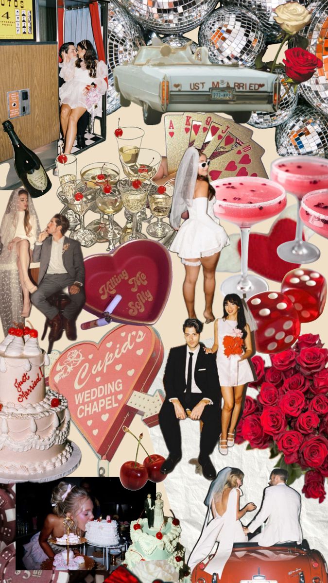 a collage of photos with people dressed in wedding attire and red roses on the table