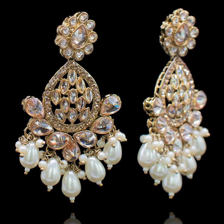 Contemporary and glamorous design shinning in a mix of gold-plating and crystals! Beautiful set embellished with champagne and pink/pearl stones together with drop beads. The set includes a choker paired with a necklace, a matching maang teekah, a jhoomar and a pair of beautiful earrings. Approximate earrings length is 2.75". Antique gold-plated on high-quality brass as base metal. In-stock & ready-to-ship. *Please Note: We use faux stones and beads in all of our jewelry. Kundan Pearl Earrings With Intricate Design For Gift, Luxury Kundan Pearl Necklace With Pearl Embellishments, Luxury Kundan Pearl Earrings For Festive Occasions, Luxury Kundan Pearl Embellished Necklace, Ornate Gold Kundan Earrings, Unique Gift Cards, Faux Stone, Drop Beads, Pink Pearl