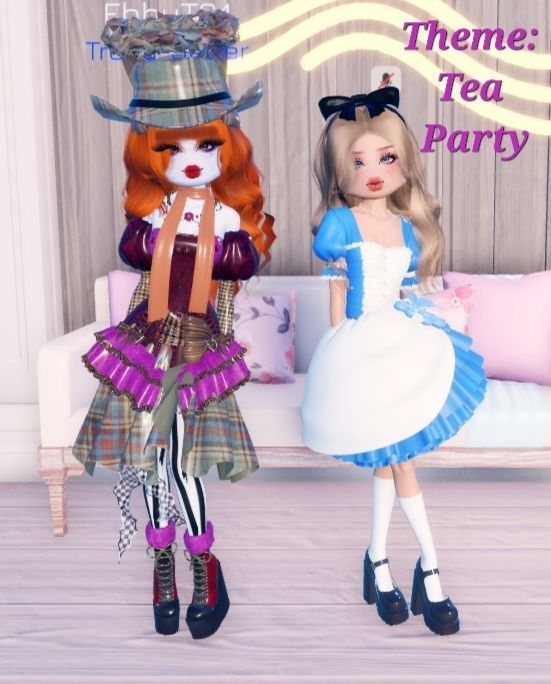 there are two dolls dressed up as alice and the mad hatter tea party characters