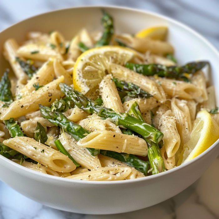 pasta with asparagus, lemon and parmesan cheese in a white bowl