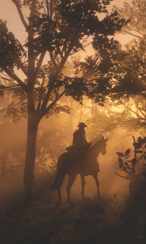 a man riding on the back of a horse through a forest