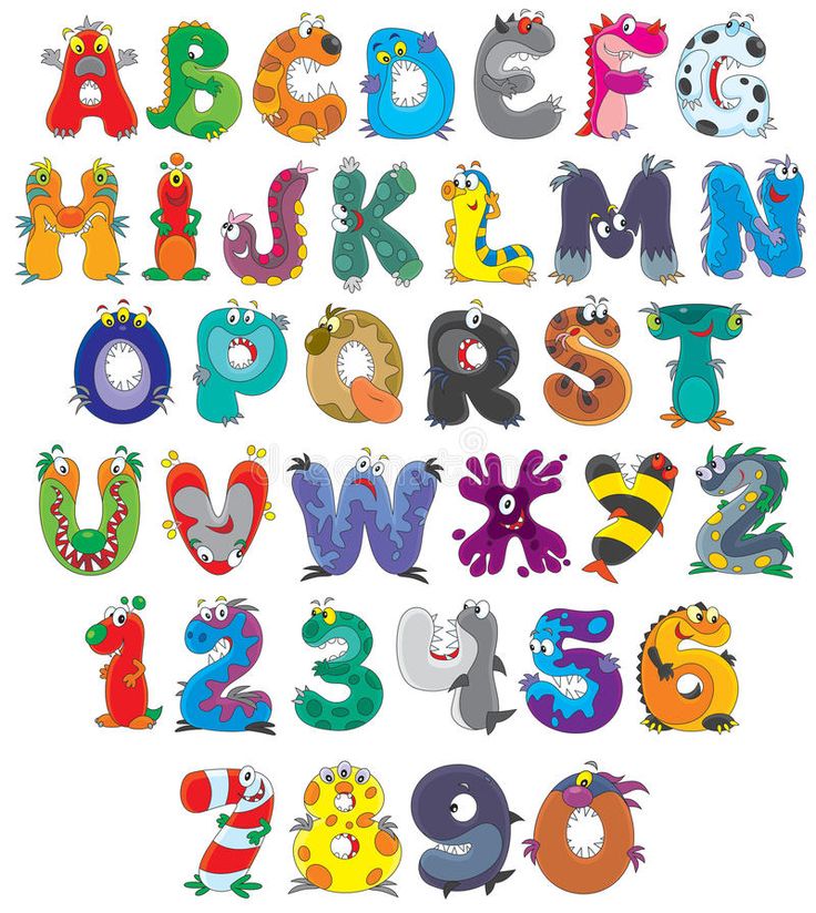 an alphabet with cartoon monsters and numbers on white background stock photo - image 34987