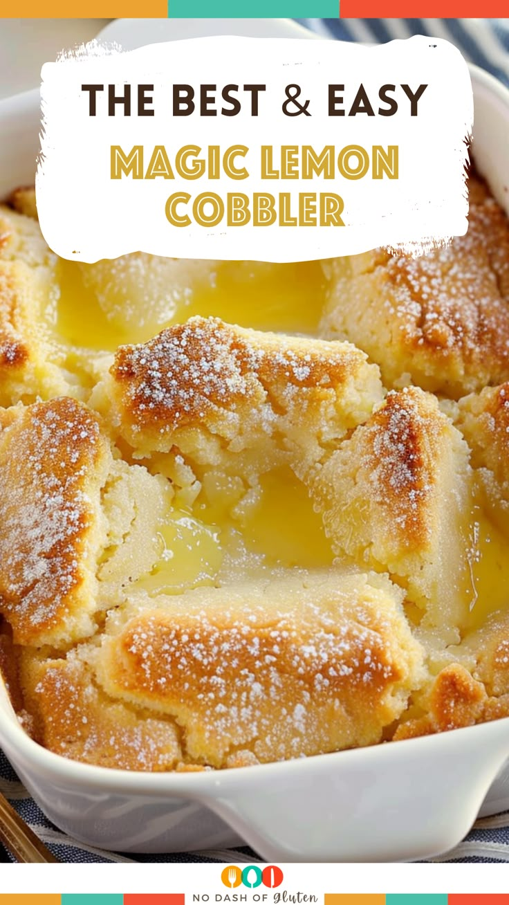 the best and easy magic lemon cobbler in a white dish with powdered sugar on top