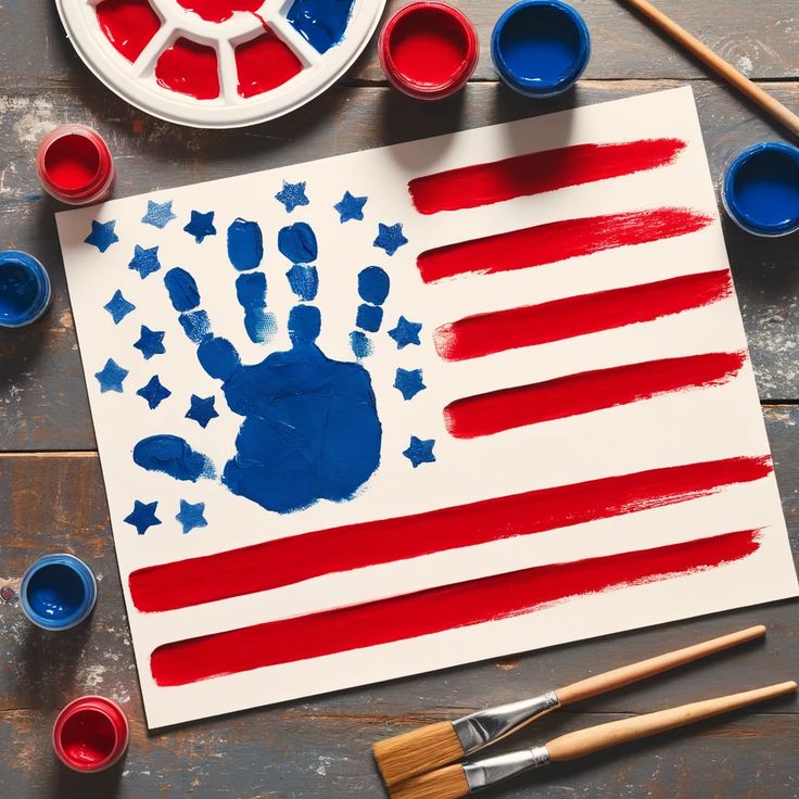 an american flag painted with blue and red paint next to some paintbrushes on a wooden table